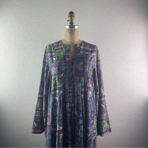 Vintage l 60s M Jewel Tones Floral Geometric Bohemian Kimono Caftan Maxi Dress
